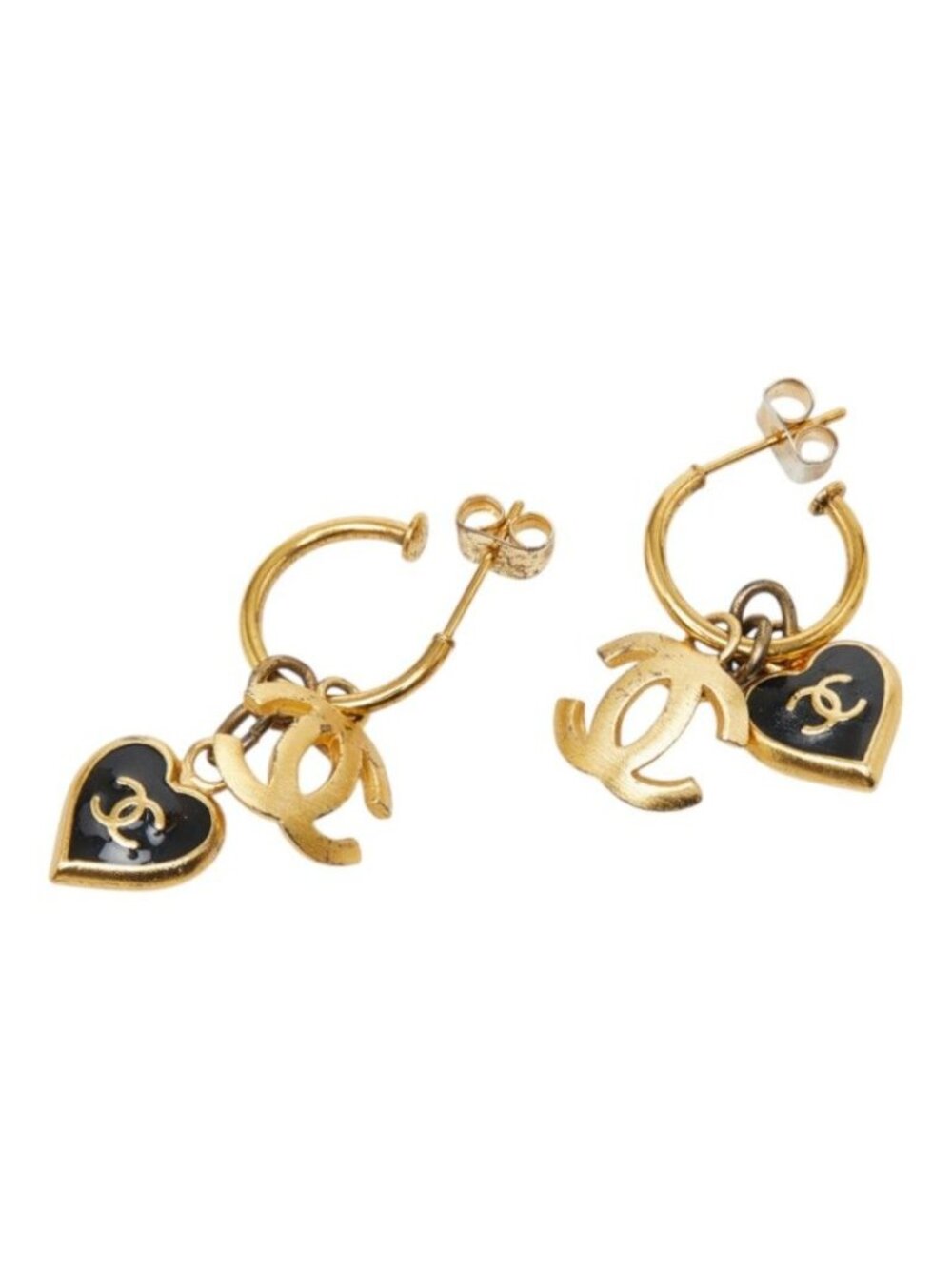 Chanel CC Logo Heart Swing Earrings 02P Stamp Gold Black Plated